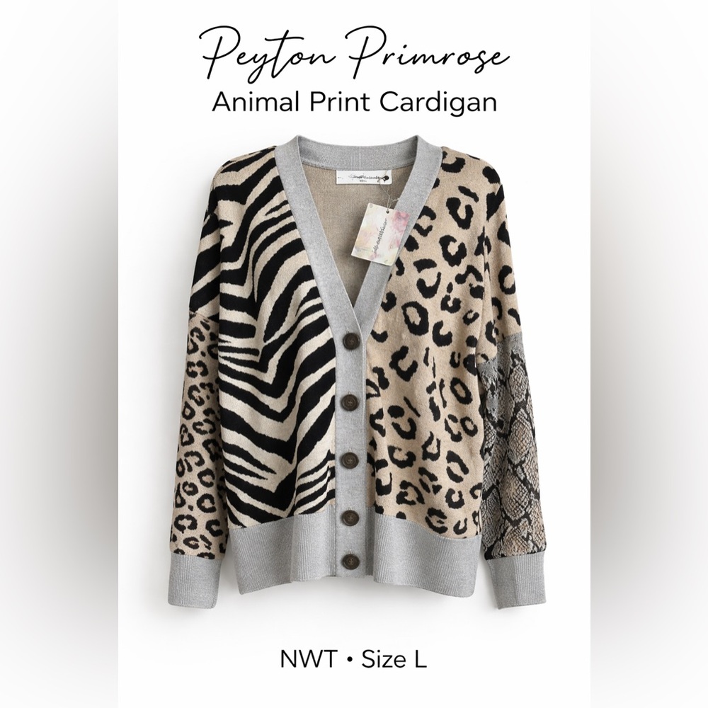 Peyton Primrose Mixed Animal Print Cardigan NWT Zebra Leopard Snake L